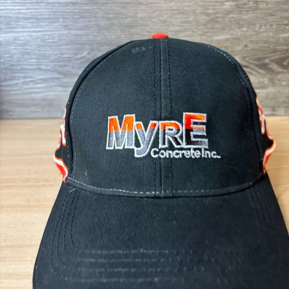 MYRE Concrete Inc Hat Cap Strap Back Black Orange Flames